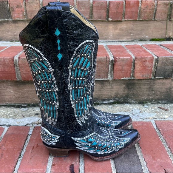 Corral Vintage Leather Black & Teal Bedazzled Angel Wing and Cross Cowboy Boots - Picture 5 of 10